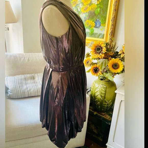 🎉Sale New Phoebe Couture Pink Metallic Sexy Grecian One Shoulder Shirred Dress - Picture 2 of 6